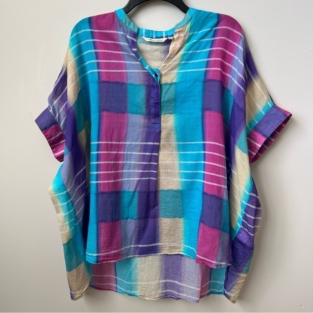 Soft Surroundings Painterly Plaid Popover Coastal Lightweight Oversized Hi-Lo S